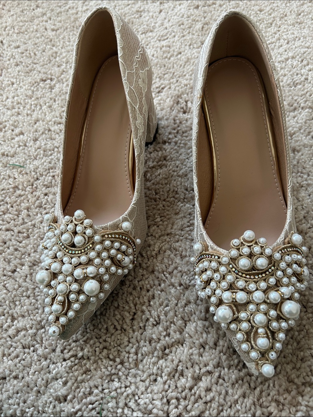 Elegant Pearl-Embellished Beige Lace Pointed Toe Pumps